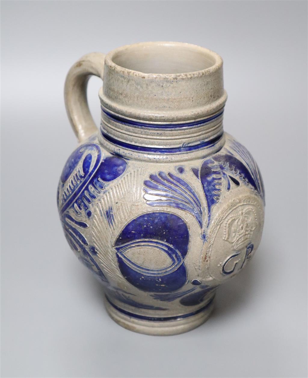 A Westerwald saltglazed jug, monogrammed GR, height 19cm